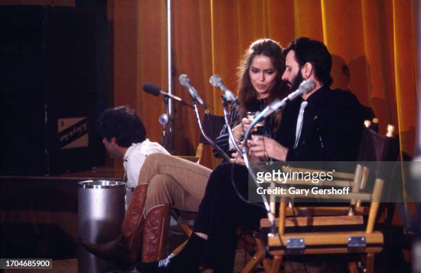 View of American actress Barbara Bach and British musician Ringo Starr during the recording of an episode of the Robert Klein Radio Hour at RCA...