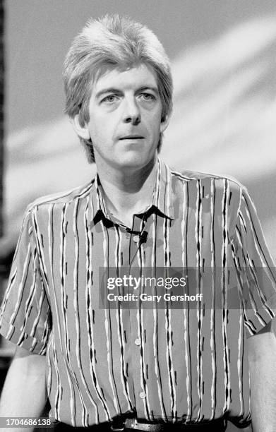 View of English New Wave and Pop musician Nick Lowe during an interview on MTV, New York, New York, June 14, 1983.