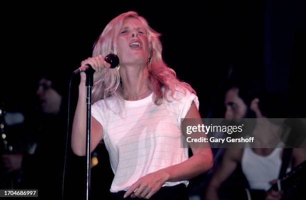 American Rock and Pop singer Kim Carnes performs, with her band, onstage at the Savoy, New York, New York, August 25, 1981.