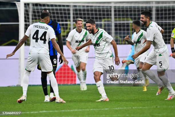 Domenico Berardi of US Sassuolo celebrates a second goal 1-2 during the Serie A TIM match between FC Internazionale and US Sassuolo at Stadio...