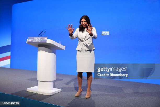 Suella Braverman, UK home secretary, on the day three of the UK Conservative Party Conference in Manchester, UK, on Tuesday, Oct. 3, 2023. Prime...