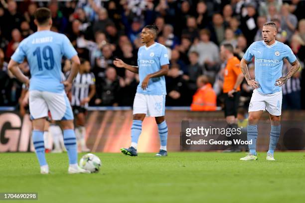 Kalvin Phillips of Manchester City looks dejected after Alexander Isak of Newcastle United scores the team's first goal during the Carabao Cup Third...
