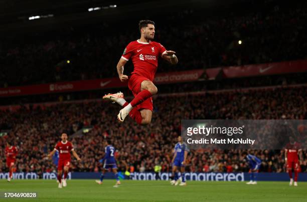 Dominik Szoboszlai of Liverpool celebrates after scoring the team's second goal during the Carabao Cup Third Round match between Liverpool and...