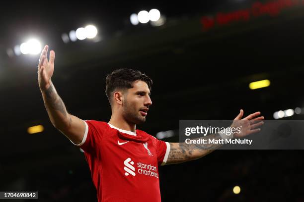 Dominik Szoboszlai of Liverpool celebrates after scoring the team's second goal during the Carabao Cup Third Round match between Liverpool and...