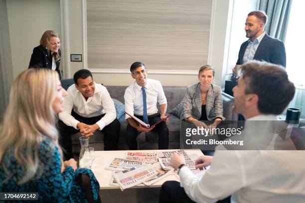 Rishi Sunak, UK prime minsiter, holds a meeting with staff on the day three of the UK Conservative Party Conference in Manchester, UK, on Tuesday,...