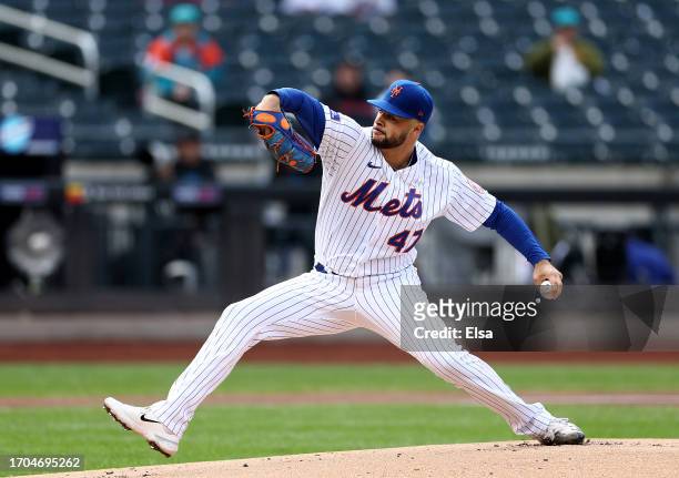 Joey Lucchesi of the New York Mets delivers a pitch in the first inning against the Miami Marlins during game one of a double header at Citi Field on...