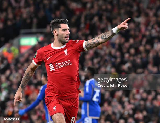 Dominik Szoboszlai of Liverpool after making it 2-1 during the Carabao Cup Third Round match between Liverpool and Leicester City at Anfield on...