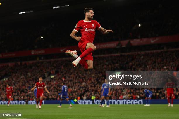 Dominik Szoboszlai of Liverpool celebrates after scoring the team's second goal during the Carabao Cup Third Round match between Liverpool and...