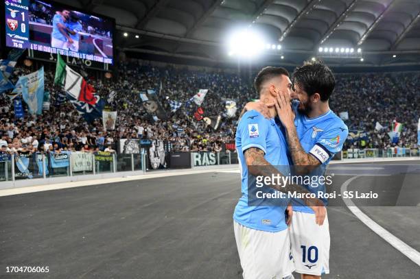 Mattia Zaccagni of SS Lazio celebrates a second goal with his team mates during the Serie A TIM match between SS Lazio and Torino FC at Stadio...