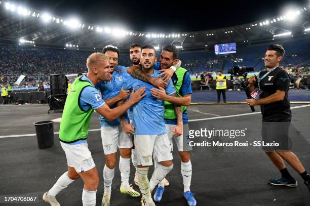 Mattia Zaccagni of SS Lazio celebrates a second goal with his team mates during the Serie A TIM match between SS Lazio and Torino FC at Stadio...