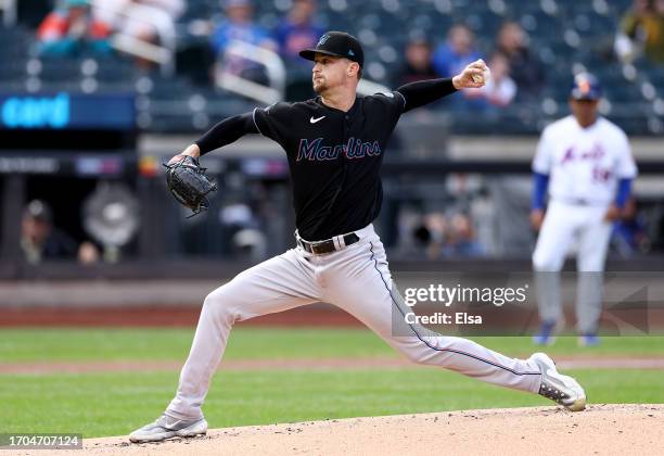 Braxton Garrett of the Miami Marlins delivers a pitch in the first inning against the New York Mets during game one of a double header at Citi Field...