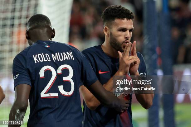 Goncalo Ramos of PSG celebrates his goal with Randal Kolo Muani during the Ligue 1 Uber Eats match between Paris Saint-Germain and Olympique de...