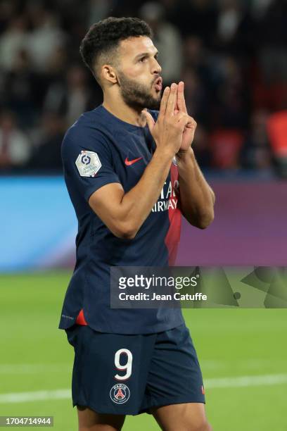 Goncalo Ramos of PSG celebrates his goal during the Ligue 1 Uber Eats match between Paris Saint-Germain and Olympique de Marseille at Parc des...