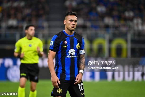 Lautaro Martinez of Internazionale FC reacts after a defeat by 1-2 for US Sassuolo during the Serie A TIM match between FC Internazionale and US...