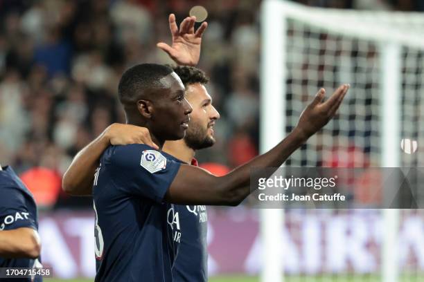 Goncalo Ramos of PSG celebrates his goal with Randal Kolo Muani during the Ligue 1 Uber Eats match between Paris Saint-Germain and Olympique de...