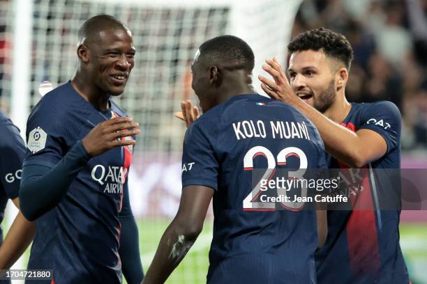 Goncalo Ramos of PSG celebrates his goal with Nordi Mukiele and Randal Kolo Muani during the Ligue 1 Uber Eats match between Paris Saint-Germain and...