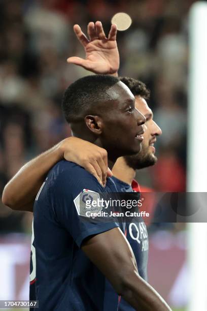 Goncalo Ramos of PSG celebrates his goal with Randal Kolo Muani of PSG during the Ligue 1 Uber Eats match between Paris Saint-Germain and Olympique...