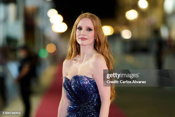 Actress Jessica Chastain attends the "Memory" premiere during the 71st San Sebastian International Film Festival at the Victoria Eugenia Theater on...