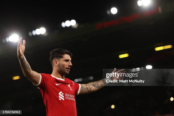 Dominik Szoboszlai of Liverpool celebrates after scoring the team's second goal during the Carabao Cup Third Round match between Liverpool and...