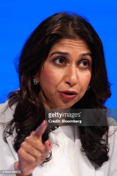 Suella Braverman, UK home secretary, on the day three of the UK Conservative Party Conference in Manchester, UK, on Tuesday, Oct. 3, 2023. Prime...