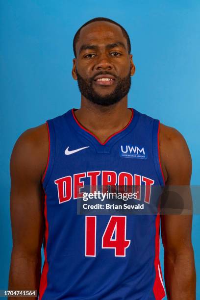 Alec Burks of the Detroit Pistons poses for a head shot during the NBA Media Day at Detroit Pistons Practice Facility on October 2, 2023 in Detroit,...