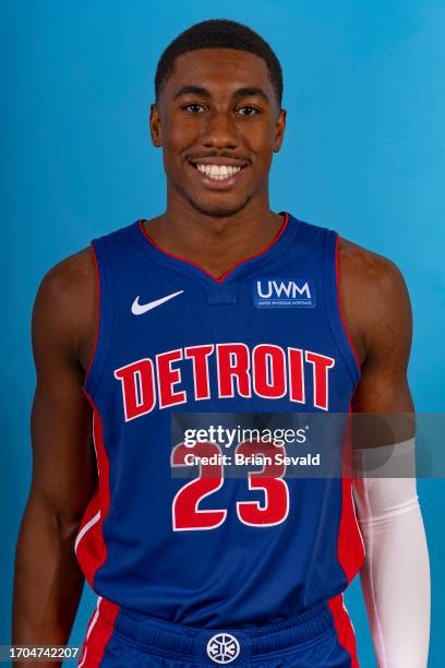 Jaden Ivey of the Detroit Pistons poses for a head shot during the NBA Media Day at Detroit Pistons Practice Facility on October 2, 2023 in Detroit,...