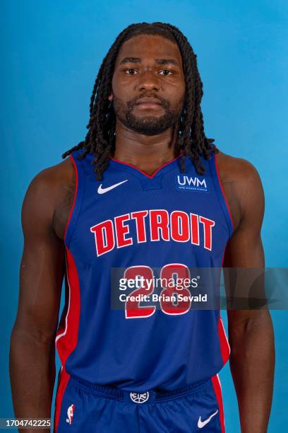Isaiah Stewart of the Detroit Pistons poses for a head shot during the NBA Media Day at Detroit Pistons Practice Facility on October 2, 2023 in...
