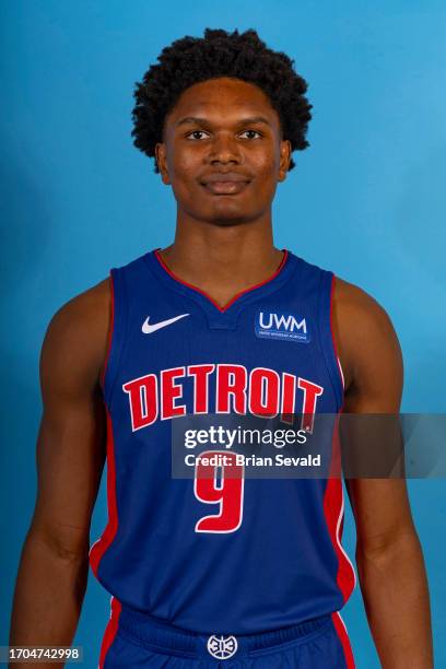 Ausar Thompson of the Detroit Pistons poses for a head shot during the NBA Media Day at Detroit Pistons Practice Facility on October 2, 2023 in...