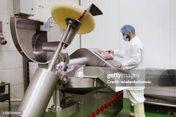 trabajador de la industria de la carne cruda - carne procesada fotografías e imágenes de stock