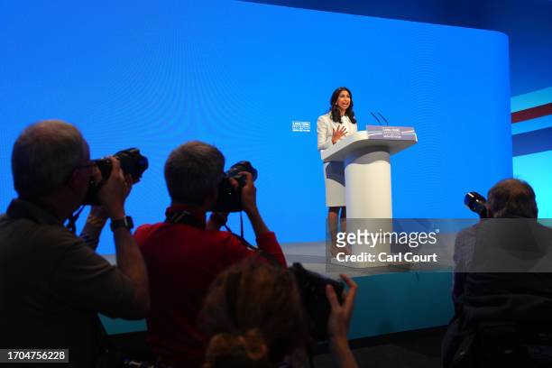 Britain's Home Secretary, Suella Braverman, delivers her speech on the third day of the Conservative Party Conference on October 03, 2023 in...