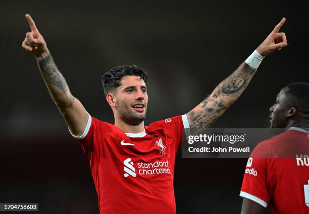 Dominik Szoboszlai of Liverpool after making it 2-1 during the Carabao Cup Third Round match between Liverpool and Leicester City at Anfield on...
