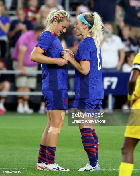 Julie Ertz and Lindsey Horan of the USA against the South Africa at TQL Stadium on September 21, 2023 in Cincinnati, Ohio.