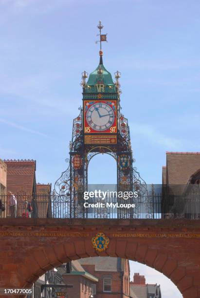 The clock on the East Gate of the city walls, Chester, Cheshire, UK.