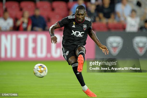 Christian Benteke of D.C. United passes the ball during a game between Chicago Fire FC and D.C. United at Audi Field on September 2, 2023 in...
