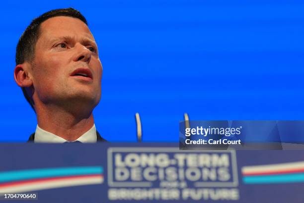 Britain's Lord Chancellor and Secretary of State for Justice, Alex Chalk, speaks on the third day of the Conservative Party Conference on October 03,...