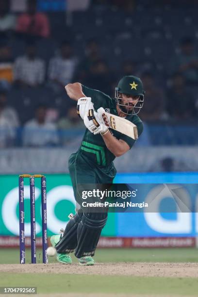 Mohammad Nawaz of Pakistan plays a shot during the ICC Men's Cricket World Cup India 2023 warm up match between Pakistan and Australia at Rajiv...