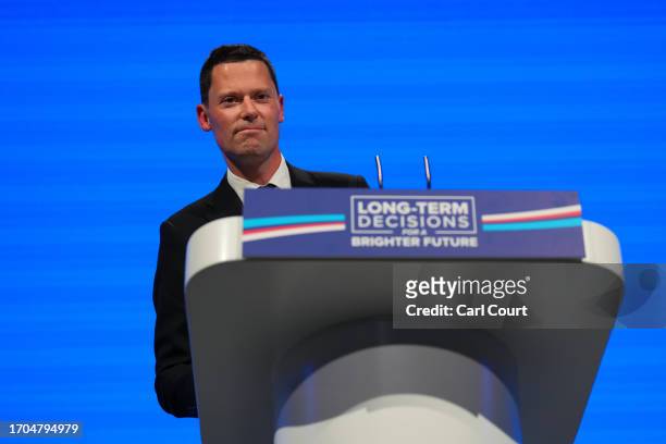 Britain's Lord Chancellor and Secretary of State for Justice, Alex Chalk, speaks on the third day of the Conservative Party Conference on October 03,...
