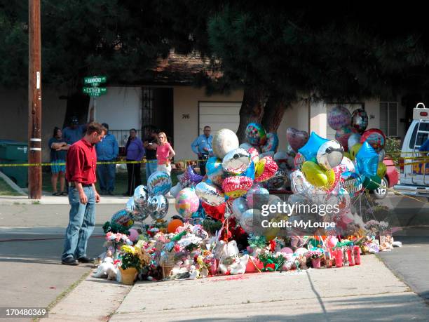 Spontaneous memorial at the crime scene, Marcus Wesson, suspect, mass murder Fresno California.