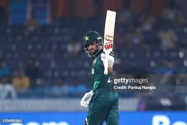 Mohammad Nawaz of Pakistan celebrates after scoring a fifty during the ICC Men's Cricket World Cup India 2023 warm up match between Pakistan and...