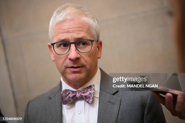 Representative Patrick McHenry speaks to members of the media outside the office of US House Speaker Kevin McCarthy , at the US Capitol in...
