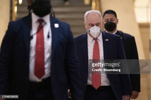 House Majority Leader Steve Scalise, a Republican from Louisiana, center, at the US Capitol in Washington, DC, US, on Tuesday, Oct. 3, 2023....