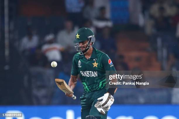 Hasan Ali of Pakistan during the ICC Men's Cricket World Cup India 2023 warm up match between Pakistan and Australia at Rajiv Gandhi International...