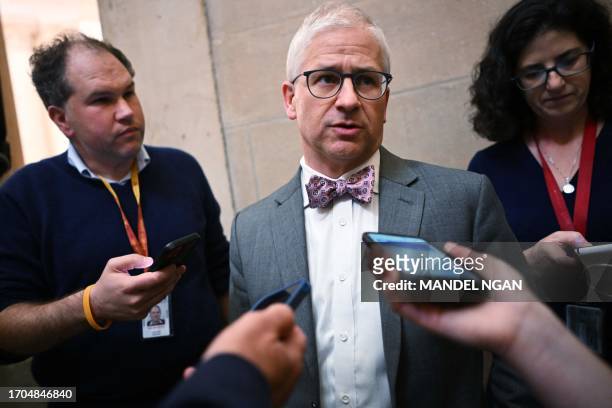 Representative Patrick McHenry speaks to members of the media outside the office of US House Speaker Kevin McCarthy , at the US Capitol in...