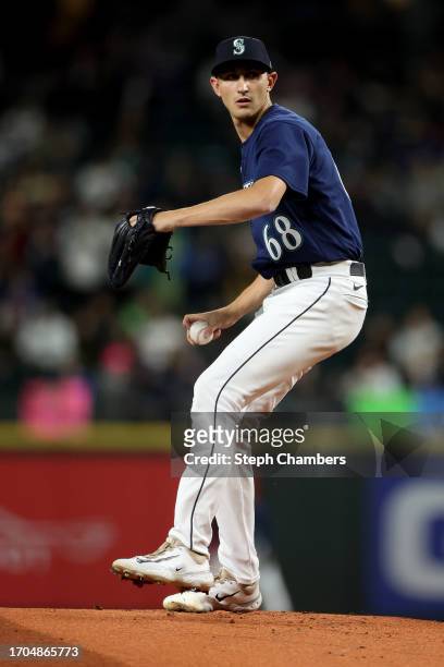George Kirby of the Seattle Mariners pitches during the first inning against the Houston Astros at T-Mobile Park on September 26, 2023 in Seattle,...