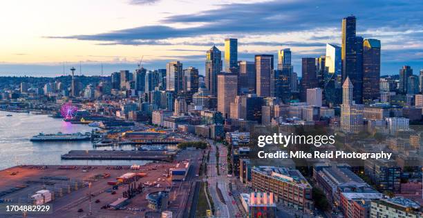 aerial downtown seattle, ferry, pioneer square at dusk - smith tower ストックフォトと画像