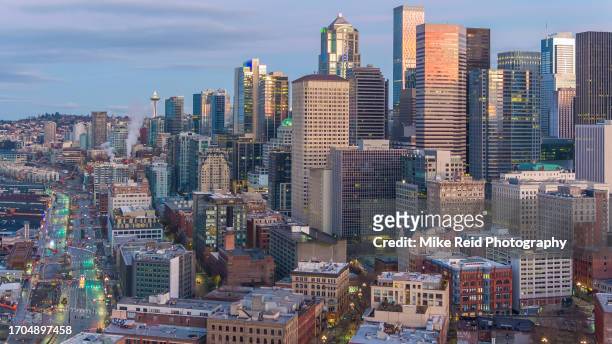 aerial seattle cityscape and pioneer square - seattle ferry stock pictures, royalty-free photos & images