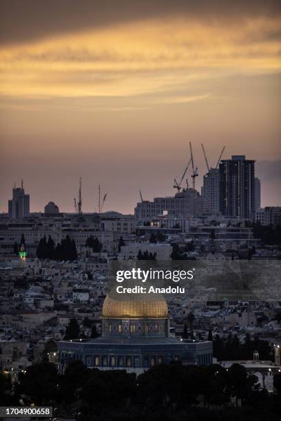 View of the Masjid al-Haram compound including Al-Aqsa Mosque and the Qubbat al-Sakhrah during the sunset in Jerusalem on October 03, 2023.