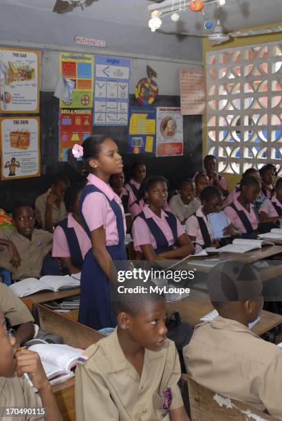 Grade six science class study the human body and skeletal system, Corinaldi Primary School, Montego Bay, Jamaica.