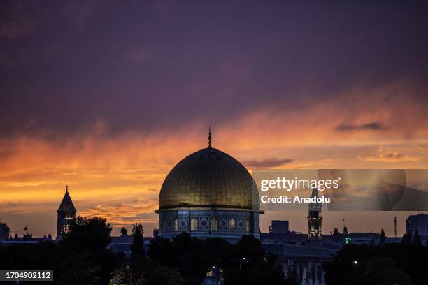 View of the Masjid al-Haram compound including Al-Aqsa Mosque and the Qubbat al-Sakhrah during the sunset in Jerusalem on October 03, 2023.