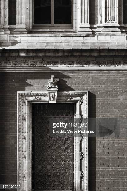 Elevated detail of door, Royal Albert Hall, Concert Hall, Europe, United Kingdom Captain Francis Fowke and Major-General Henry Y,D.